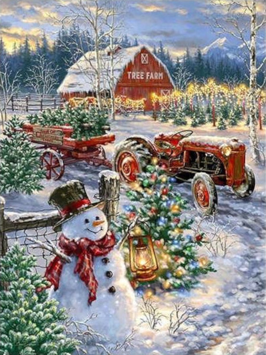 Diamond painting kerst boerderij sneeuwman 30x40cm vierkante steentjes