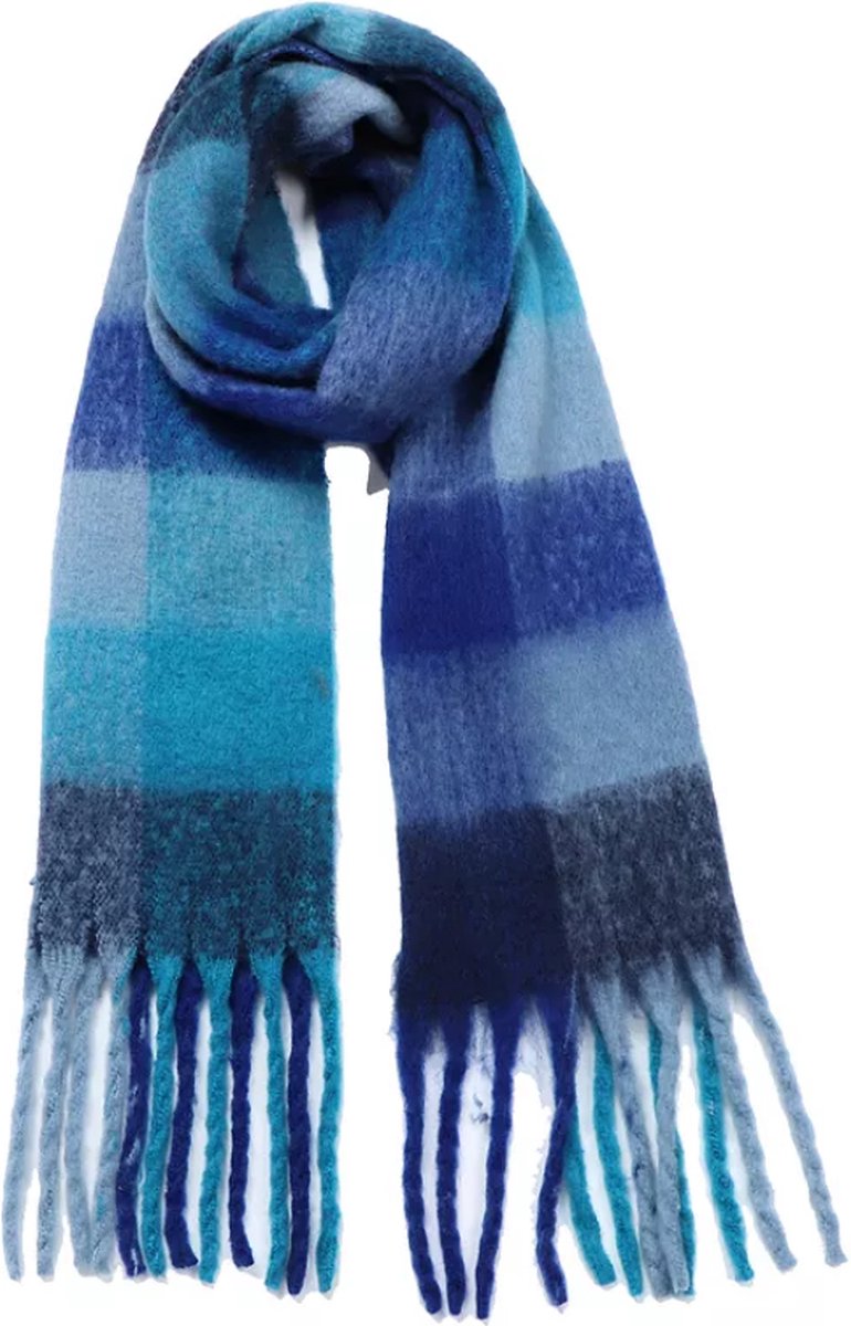 Oversized Geruite Sjaal Dames – Warme Winter Sjaal – Zachte Deken Sjaal met Franjes - Royal Blue