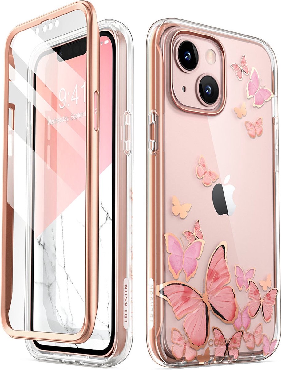 COSMO 360° Backcover Hoesje Met Screen Protector iPhone 13 - Roze Vlinders