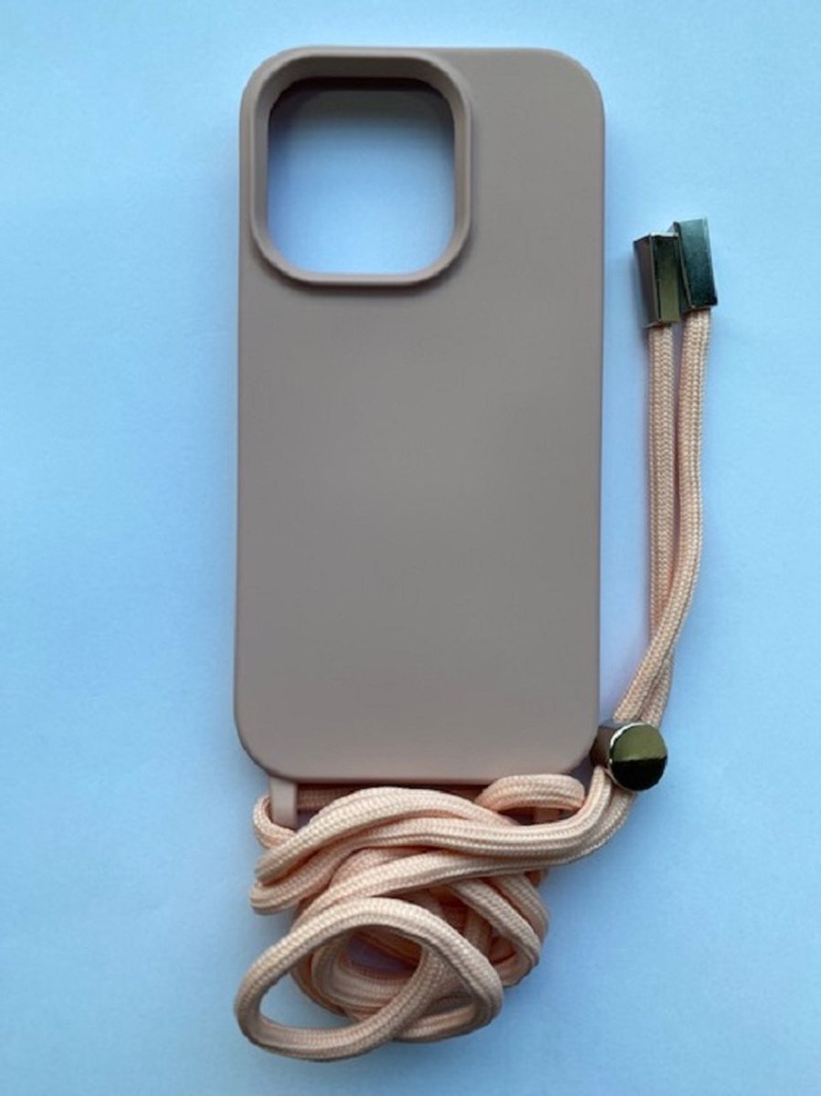 iPhone 14 Plus siliconen hoesje met koord - telefoonhoesje met koord - back cover met touwtje - roze goud