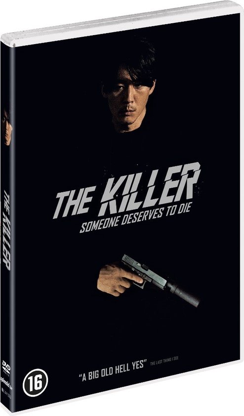 DVD-hoes met een man in een zwart T-shirt met 'THE KILLER' erop. Hij houdt een pistool met demper vast. Leeftijdsclassificatie 16.