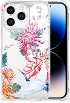 GSM Hoesje Geschikt voor iPhone 14 Pro Telefoonhoesje Valbescherming met transparante rand Bird Flowers