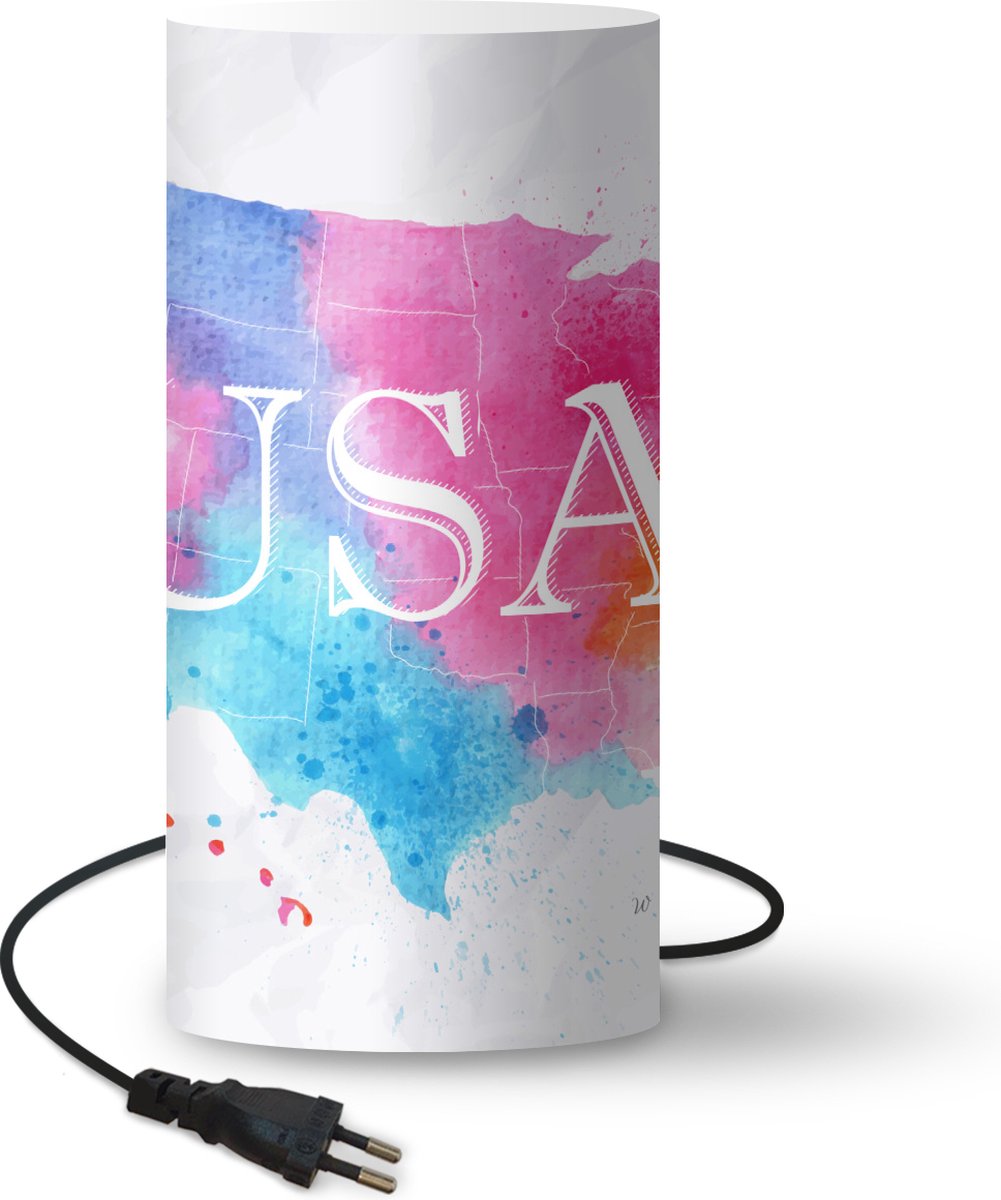Lamp - Nachtlampje - Tafellamp slaapkamer - Amerika - Wereldkaart - Waterverf - 33 cm hoog - Ø15.9 cm - Inclusief LED lamp