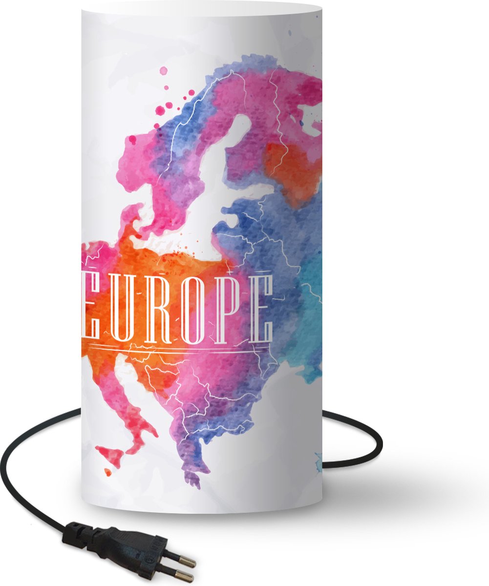 Lamp - Nachtlampje - Tafellamp slaapkamer - Kaart - Waterverf - Kleuren - 54 cm hoog - Ø24.8 cm - Inclusief LED lamp