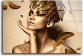 Glasschilderij Vrouw Met Gouden Veren | 60 x 40 cm | Acrylglas Schilderijen | Foto op Glas | Wanddecoratie