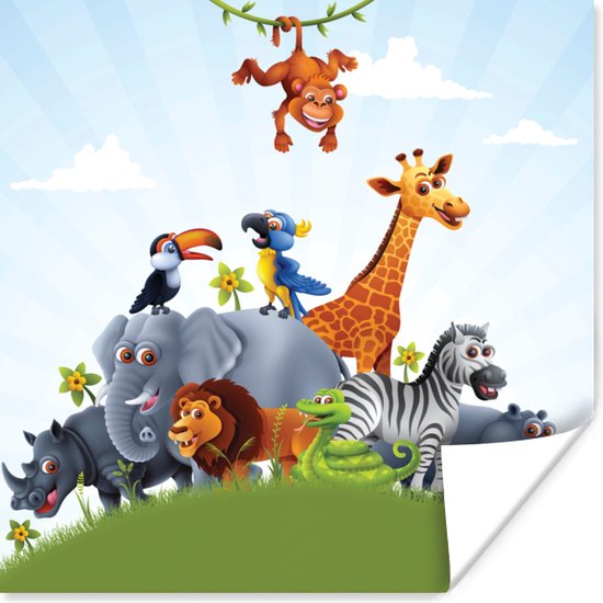 Poster Jungle - Illustratie - Wilde dieren - Jongens - Meisjes - Kind - 50x50 cm - Poster Kinderkamer