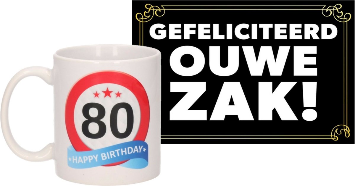 Verjaardag cadeau mok/beker 80 jaar print 300 ml + A5-size wenskaart ouwe zak