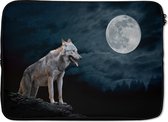 Laptophoes 13 inch - Wolf - Maan - Nacht - Dieren - Portret - Laptop sleeve - Binnenmaat 32x22,5 cm - Zwarte achterkant