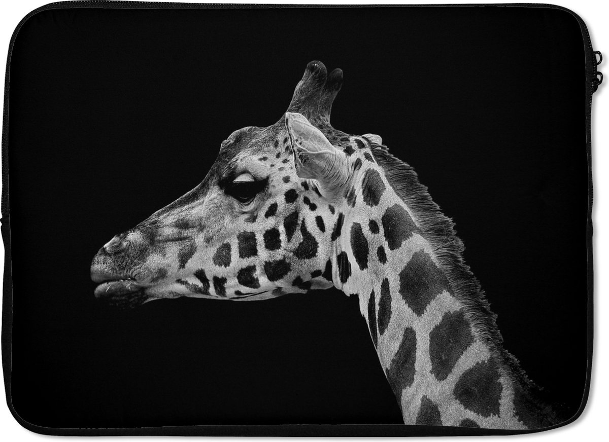 Laptophoes 14 inch - Dieren - Giraffe - Zwart - Wit - Laptop sleeve - Binnenmaat 34x23,5 cm - Zwarte achterkant