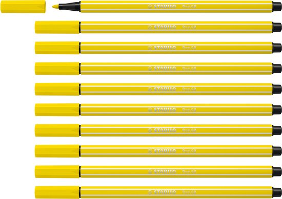 Tien gele STABILO Pen 68 viltstiften met een open dop.
