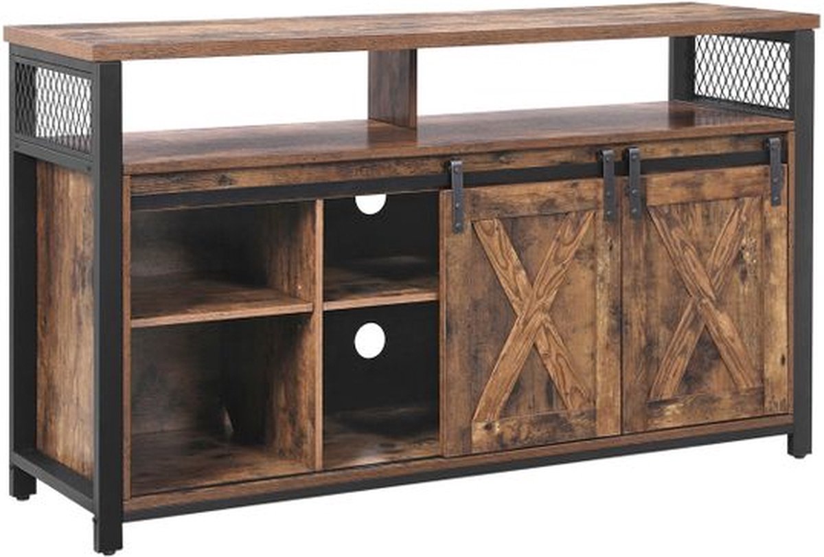 Meuble TV BTM Style Rustique - 150x40x78 Cm, 2 Portes Coulissantes, étagères Réglables - Support TV Jusqu'à 65" - 4