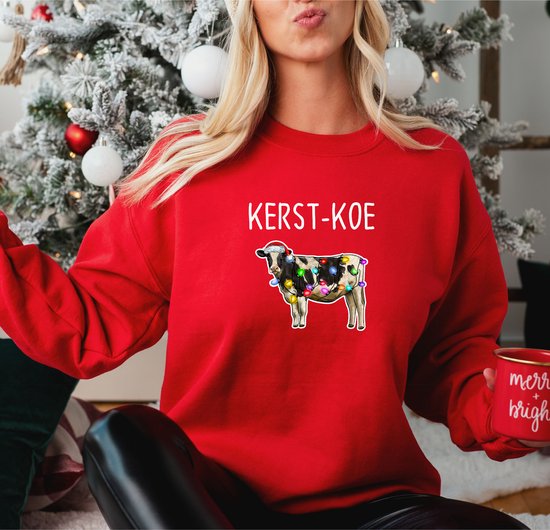 Dames Sweater Rood- KERST-KOE- warme trui-Maat XL- Foute Kersttrui.