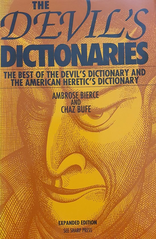 Boek "The Devil's Dictionaries", met een illustratie van een duivel in oranje tinten en zwarte tekst.