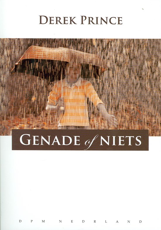 Een jongen met een oranje gestreepte polo onder een paraplu in de regen. De titel 'Genade of Niets' is in het midden.