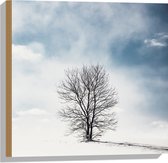WallClassics - Hout - Kale Eenzame Boom in Sneeuwlandschap - 50x50 cm - 12 mm dik - Foto op Hout (Met Ophangsysteem)