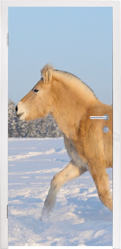 Deursticker Dravend fjord paard in de sneeuw - 80x205 cm - Deurposter
