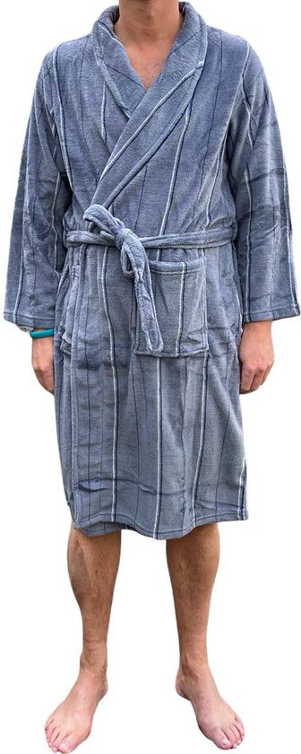 Grijze badjas heren - streep - fleece - warme badjas - zacht - cadeau voor hem - maat XL
