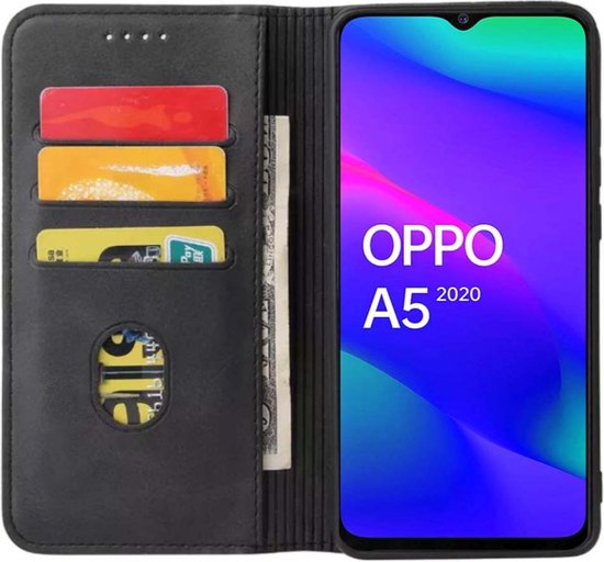 Smartphonica Oppo A5 2020 kunstleren hoesje met magnetische sluiting en pashouders book case - zwart geschikt voor OPPO A5 (2020)