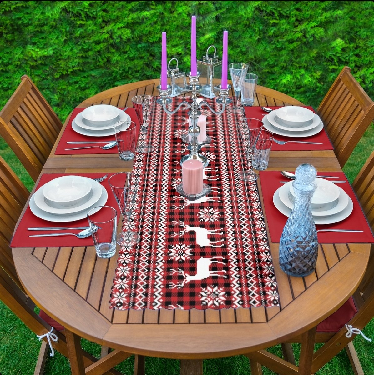 Tafelloper & Placemat (4st) set 45x135 & 35x45 cm Kerst rendieren op