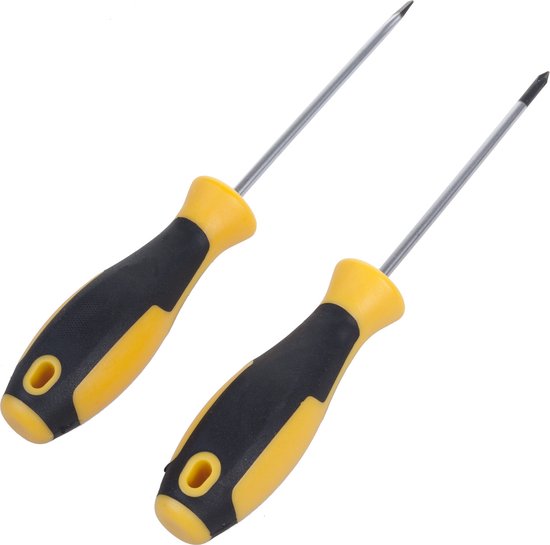 Twee schroevendraaiers met geel en zwarte, ergonomische handvatten.