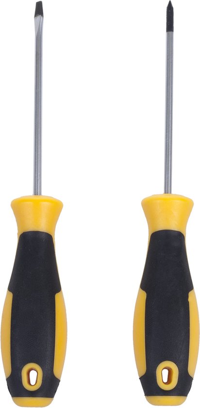 Twee schroevendraaiers met geel en zwarte handvatten.