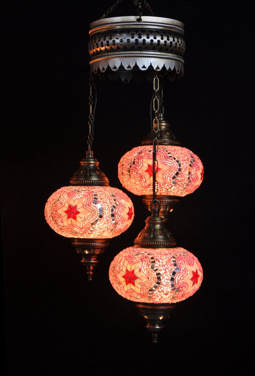 Turkse Lamp - Hanglamp - Mozaïek Lamp - Marokkaanse Lamp - Oosters Lamp - ZENIQUE - Authentiek - Handgemaakt - Kroonluchter - Roze - 3 bollen