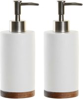 Pompe/distributeur de savon - 2pcs - blanc - céramique/bois d'acacia - 7x19 cm