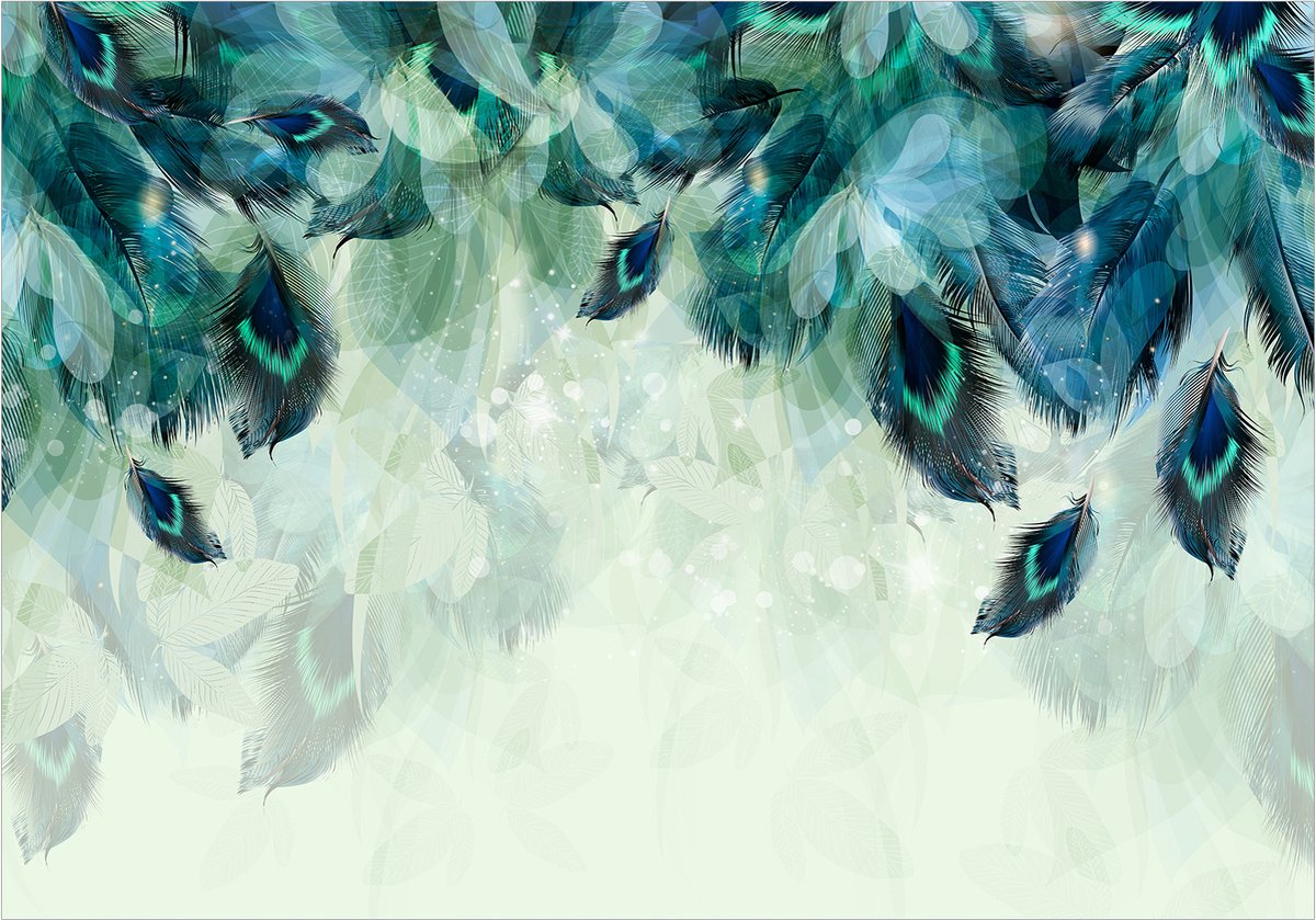 Fotobehangkoning - Behang - Vliesbehang - Fotobehang Groene Veren - 400 x 280 cm