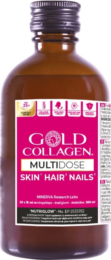 GOLD COLLAGEN MULTIDOSE PURE (300 ml = 1 maand) - Door zijn liquide formule : 20x betere absorptie dan poeders of capsules. Vloeibaar gehydrolyseerd collageen met actieve ingrediënten tegen een betaalbare prijs. Doe de test!