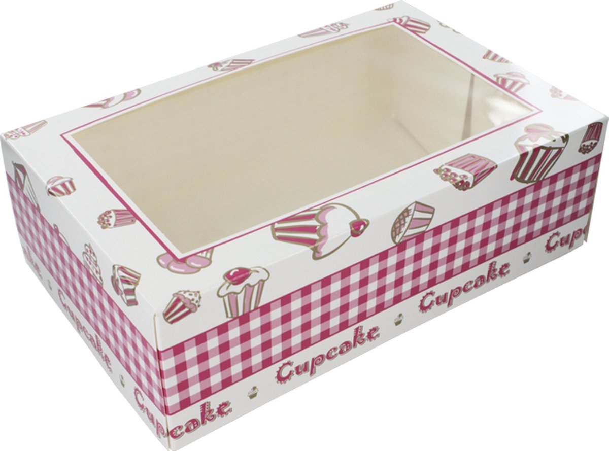 Cupcake vensterdoos - karton/PLA - 240x160x80mm - wit/Roze - 100 stuks