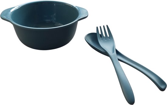 Kinderservies - Baby servies - 4-delig set - bord - kom - vork - lepel - Dino blauw van Kinder — afbeelding 3