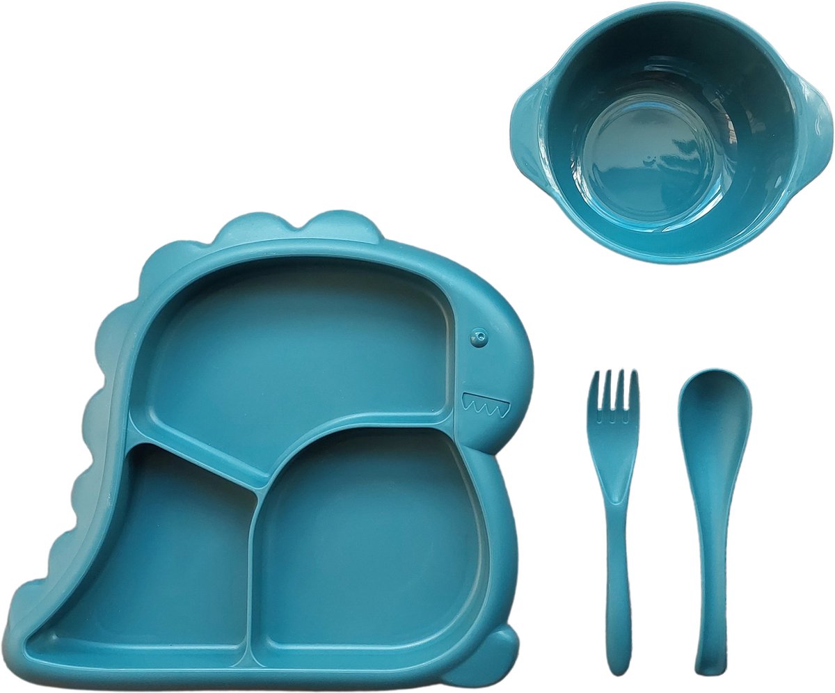 Kinderservies - Baby servies - 4-delig set - bord - kom - vork - lepel - Dino blauw