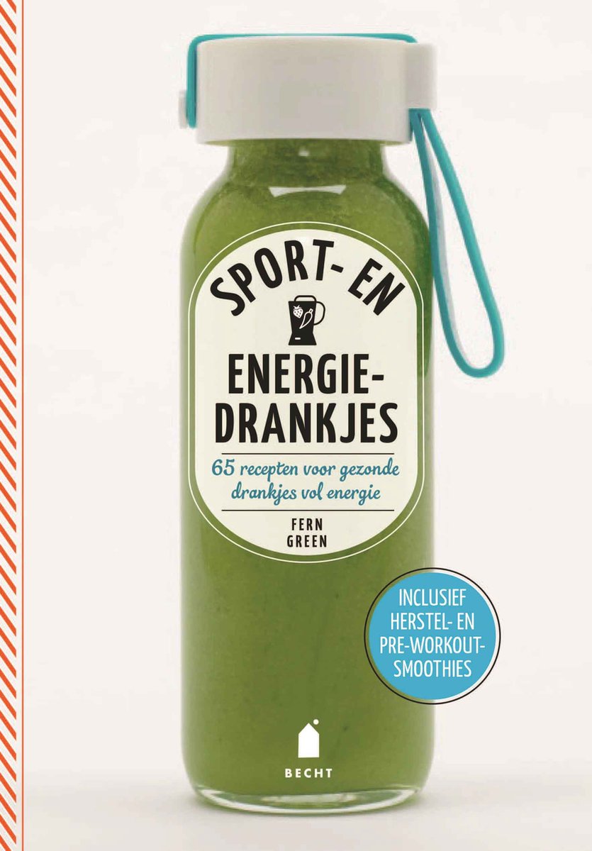 Groene smoothie in een glazen fles met label 'Sport- en energiedrankjes, 65 recepten, Fern Green'.