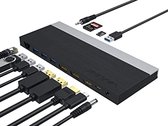 Zwart en zilverkleurig dockingstation met verschillende kabels aangesloten, waaronder HDMI, USB-C en een Ethernetkabel. Ook een USB-stick, SD-kaart en micro SD-kaart zijn aanwezig.