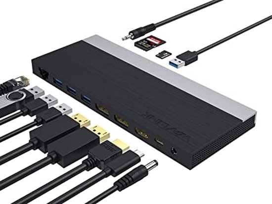 Zwart en zilverkleurig dockingstation met verschillende kabels aangesloten, waaronder HDMI, USB-C en een Ethernetkabel. Ook een USB-stick, SD-kaart en micro SD-kaart zijn aanwezig.