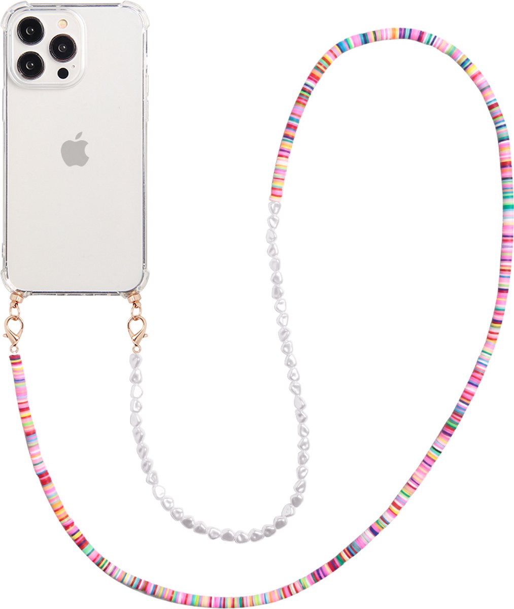 Casies Apple iPhone 14 hoesje met koord - Kleurrijke kralen en parel mix ketting - Long Size - Cord Case Candy Beads Pearl