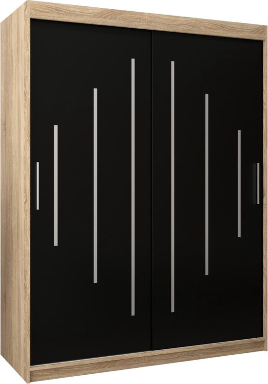 InspireMe - Kledingkast met 2 schuifdeuren, Modern-stijl, Een kledingkast met planken (BxHxD): 150x200x62 - MALTESE 150 Sonoma Eik + Zwart Mat