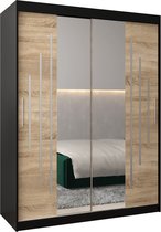InspireMe - Kledingkast met 2 schuifdeuren, Modern-stijl, Een kledingkast met planken en een spiegel (BxHxD): 150x200x62 - MALTESE I 150 Zwart Mat + Sonoma Eik