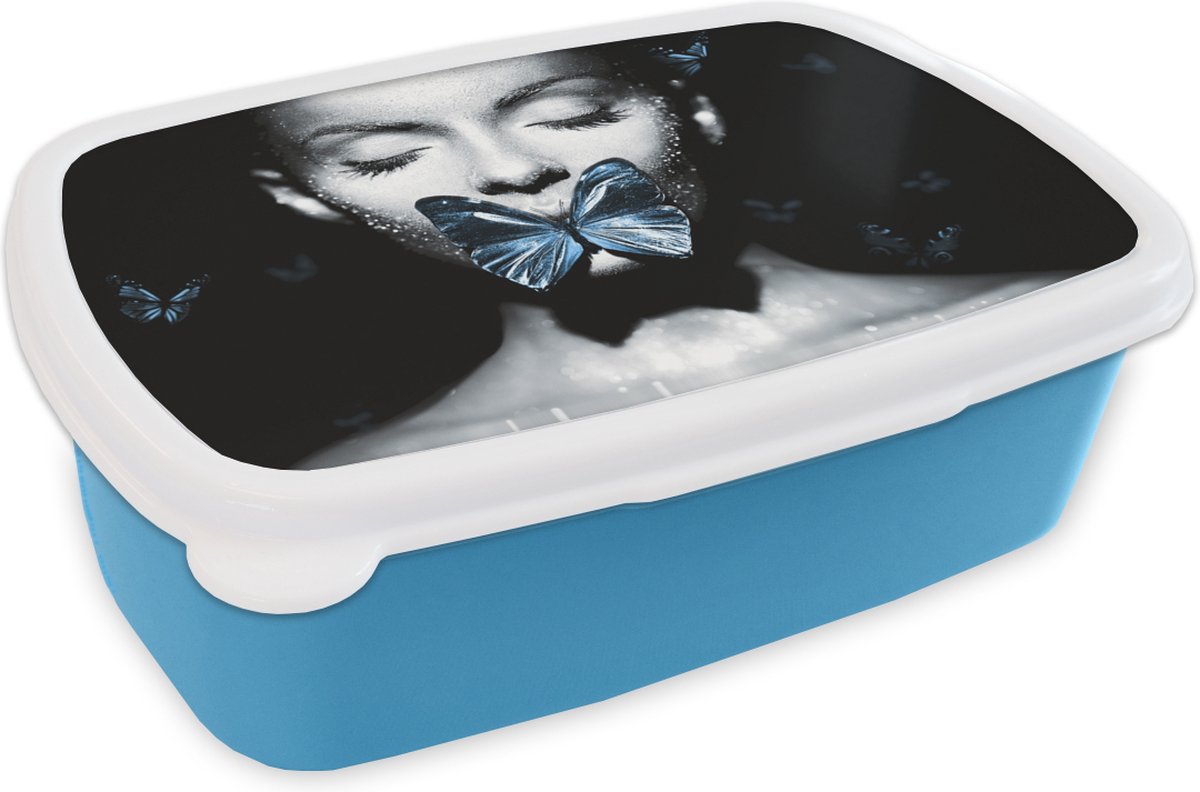 Broodtrommel Blauw - Lunchbox - Brooddoos - Vrouw - Vlinder - Chic - 18x12x6 cm - Kinderen - Jongen