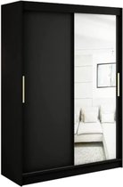InspireMe - Kledingkast met 2 schuifdeuren, Modern-stijl, Een kledingkast met planken en een spiegel (BxHxD): 150x200x62 - KAIR T2 150 Zwart Mat + Gouden