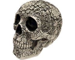 Doodshoofd Zwart - Wit - met bloemen decoratie - Resin skull - Schedel beeld Halloween