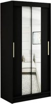 InspireMe - Kledingkast met 2 schuifdeuren, Modern-stijl, Een kledingkast met planken en een spiegel (BxHxD): 100x200x62 - KAIR T1 100 Zwart Mat + Gouden met 2 lades