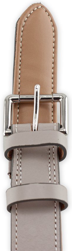 Detail van de gesp van een lichtgrijze leren halsband.