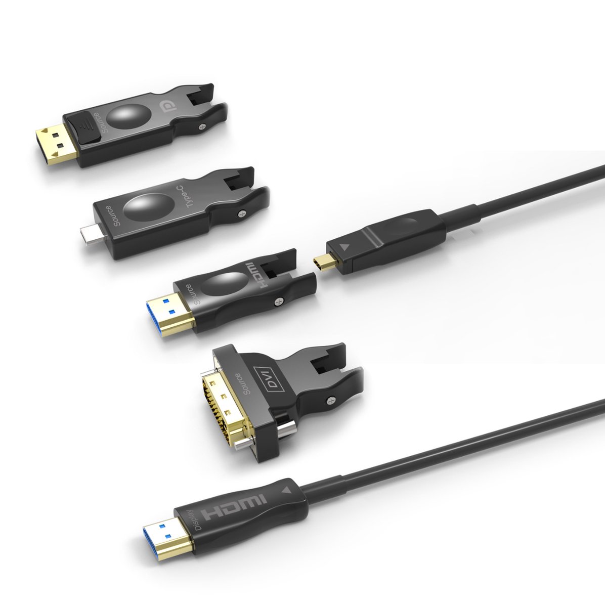 NÖRDIC HDMI-F415 Glasvezelkabel 5 in 1 - Afneembare adapters - Unieke kabel - HDMI2.0, DVI, USB-C, DP en HDMI-D - 15m - Zwart - NÖRDIC