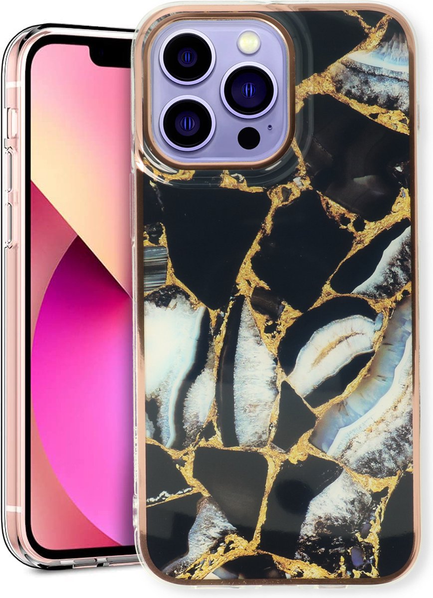 Casemania Hoesje Geschikt voor Apple iPhone 14 Pro - Zwart - Siliconen Marmer Back Cover
