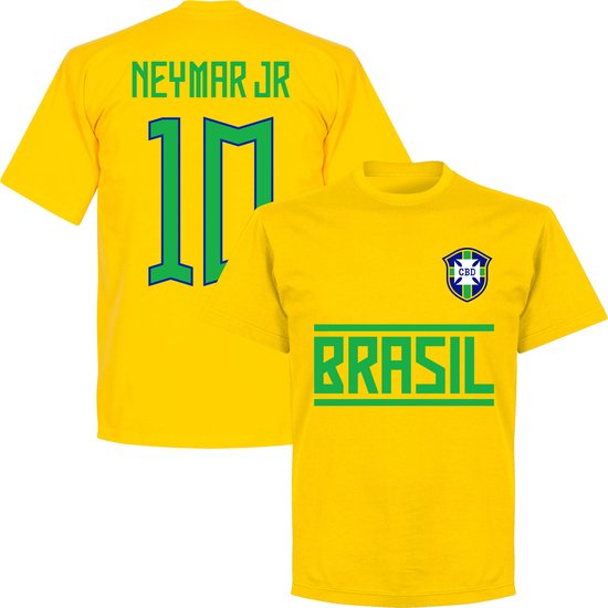 Gele t-shirt van Brazilië met op de voorkant "BRASIL" en het logo, op de achterkant "NEYMAR JR" en "10".