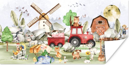 Poster - Boerderij - Trekker - Kinderen - Dieren - Muurposter kinderkamer - Fotoposter - Kinderposter - Poster voor kinderen - Slaapkamer - 80x40 cm - Kamer decoratie - Muurdecoratie