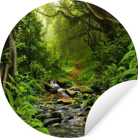 Behangcirkel - Behangsticker - Bos - Water - Jungle - Stenen - Groen - Zelfklevend behang - Rond behang - 120x120 cm - Behangcirkel zelfklevend - Behangsticker natuur
