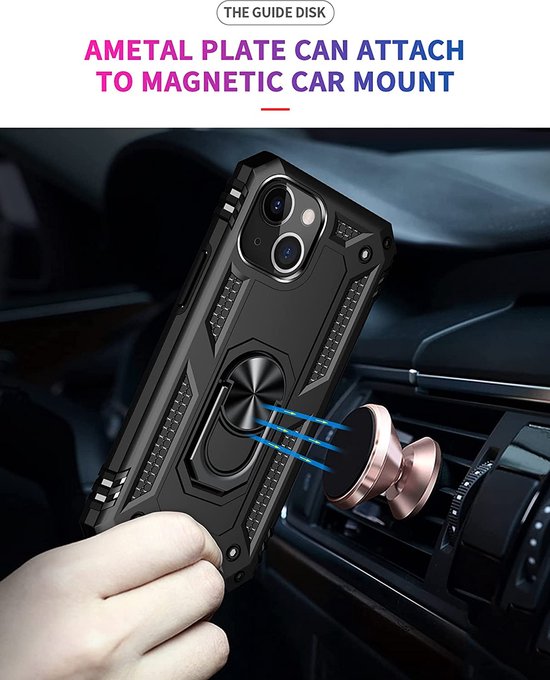 Apple iPhone 14 Case Zwart & 2X Verres Screen Protector - Anti-Shock Hybrid Armor avec Kickstand Ring
