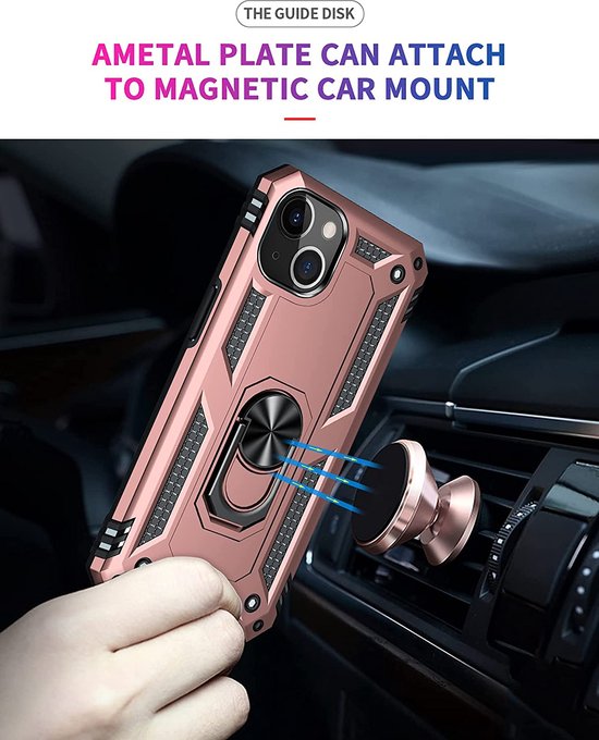 Apple iPhone 14 Plus Case Rose Gold & 2X Verres Screen Protector - Anti-Shock Hybrid Armor avec Kickstand Ring